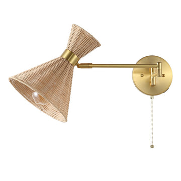 Lily 25" 1-Light Mid-Century Vintage Retro Rattan/Metal USB Charging Swing Arm LED Sconce with Pull Chain - JONATHAN Y